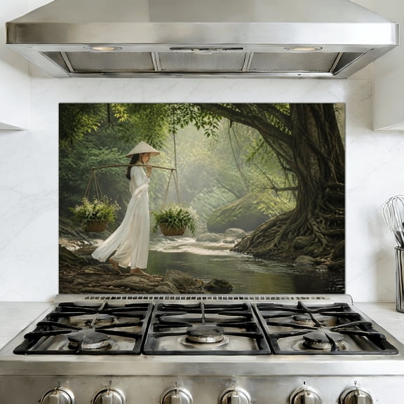 Kitchen Backsplash Peel and Stick Wall Murals Vietnamese girl dress is carrying basket Removable Mural 35.4"W x 23.6"H, Oil Proof Vinyl Wallpaper for Fireplace & Behind Stove