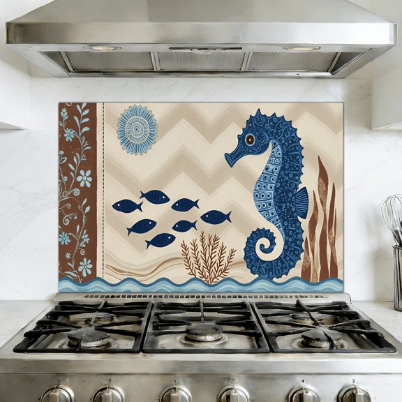 Kitchen Backsplash Peel and Stick Wall Murals Vintage Beach Brown Seahorse Small Fish Removable Mural 35.4"W x 23.6"H, Oil Proof Vinyl Wallpaper for Fireplace & Behind Stove