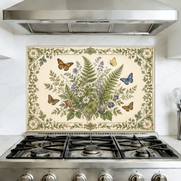 Kitchen Backsplash Peel and Stick Wall Murals Vintage Botanical Design Ferns Butterflies Ornate Border Ferns Removable Mural 35.4"W x 23.6"H, Oil Proof Vinyl Wallpaper for Fireplace & Behind Stove
