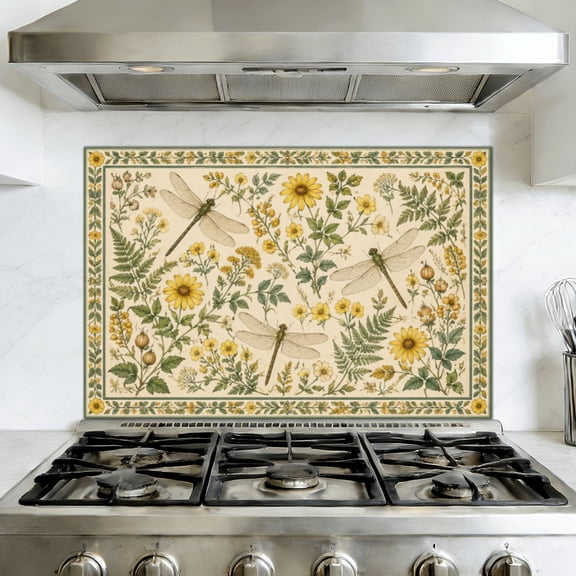 Kitchen Backsplash Peel and Stick Wall Murals Vintage Botanical bright Dragonflies Yellow Wildflowers Removable Mural 35.4"W x 23.6"H, Oil Proof Vinyl Wallpaper for Fireplace & Behind Stove
