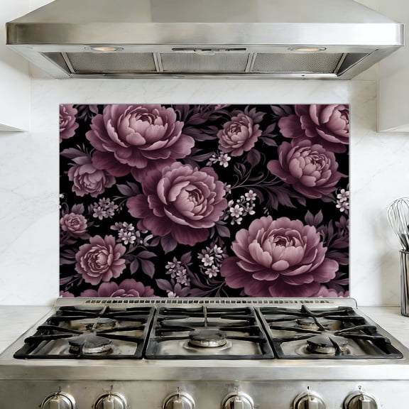 Kitchen Backsplash Peel and Stick Wall Murals Vintage Mauve Peony Floral Black Romantic Botanical Style Removable Mural 35.4"W x 23.6"H, Oil Proof Vinyl Wallpaper for Fireplace & Behind Stove