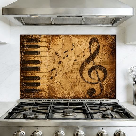 Kitchen Backsplash Peel and Stick Wall Murals Vintage Piano Keys Musical Notes Aged Paper Removable Mural 35.4"W x 23.6"H, Oil Proof Vinyl Wallpaper for Fireplace & Behind Stove