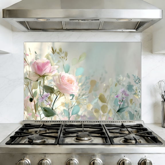 Kitchen Backsplash Peel and Stick Wall Murals Vintage Style Botanical Print Soft Pink Roses Pastel Blooms Removable Mural 35.4"W x 23.6"H, Oil Proof Vinyl Wallpaper for Fireplace & Behind Stove