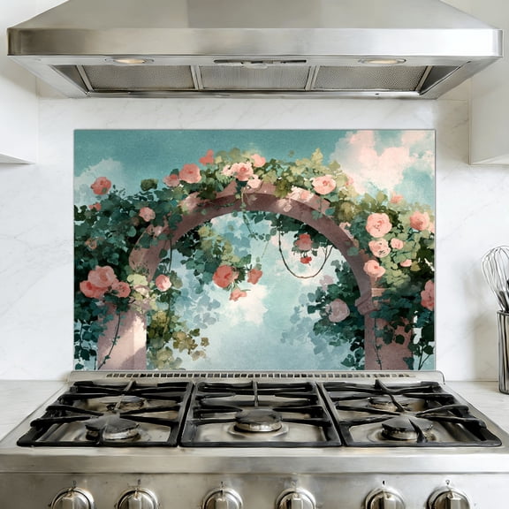 Kitchen Backsplash Peel and Stick Wall Murals Watercolor Garden Archway Pink Roses Pastel Blooms Removable Mural 35.4"W x 23.6"H, Oil Proof Vinyl Wallpaper for Fireplace & Behind Stove