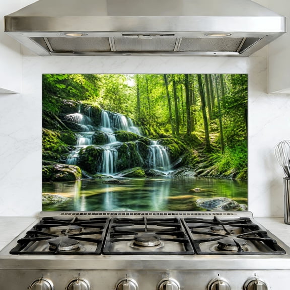 Kitchen Backsplash Peel and Stick Wall Murals Waterfall Landscape Nature Green Trees Rivers Spring Tropic Forest 35.4"W x 23.6"H, Oil Proof Removable Vinyl Wallpaper for Fireplace & Behind Stove