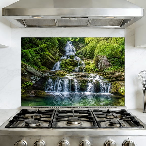 Kitchen Backsplash Peel and Stick Wall Murals Waterfall Nature Landscape Green Forest Moss covered Rocks 35.4"W x 23.6"H, Oil Proof Removable Vinyl Wallpaper for Fireplace & Behind Stove