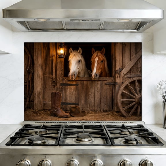 Kitchen Backsplash Peel and Stick Wall Murals Western Barn Cowboy Rustic Sign Poster Horses Removable Mural 35.4"W x 23.6"H, Oil Proof Vinyl Wallpaper for Fireplace & Behind Stove