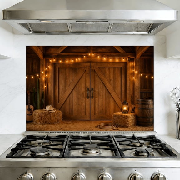 Kitchen Backsplash Peel and Stick Wall Murals Western Party Cowboy Wild West Wooden House Barn Classic 35.4"W x 23.6"H, Oil Proof Removable Vinyl Wallpaper for Fireplace & Behind Stove