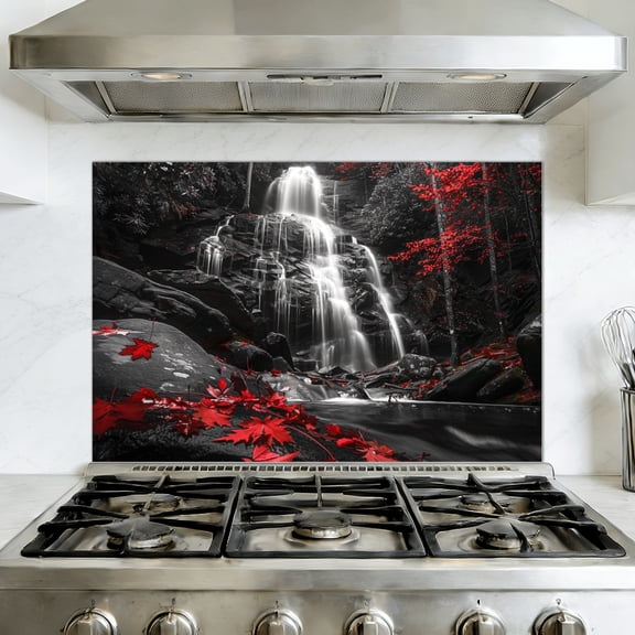 Kitchen Backsplash Peel and Stick Wall Murals Wide Waterfall Red Leaves Beautiful Black White Red Removable Mural 35.4"W x 23.6"H, Oil Proof Vinyl Wallpaper for Fireplace & Behind Stove