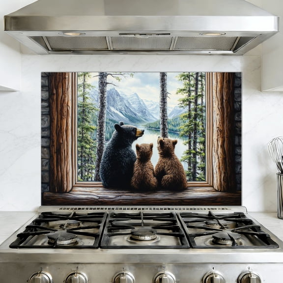 Kitchen Backsplash Peel and Stick Wall Murals Window Animal Forest Bears Forest Scenery Tree Trunk Removable Mural 35.4"W x 23.6"H, Oil Proof Vinyl Wallpaper for Fireplace & Behind Stove