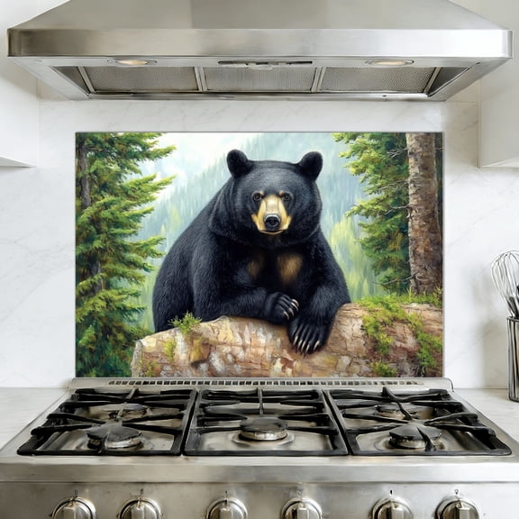 Kitchen Backsplash Peel and Stick Wall Murals Window Animal Forest Bears Forest Scenery Tree Trunk Removable Mural 35.4"W x 23.6"H, Oil Proof Vinyl Wallpaper for Fireplace & Behind Stove