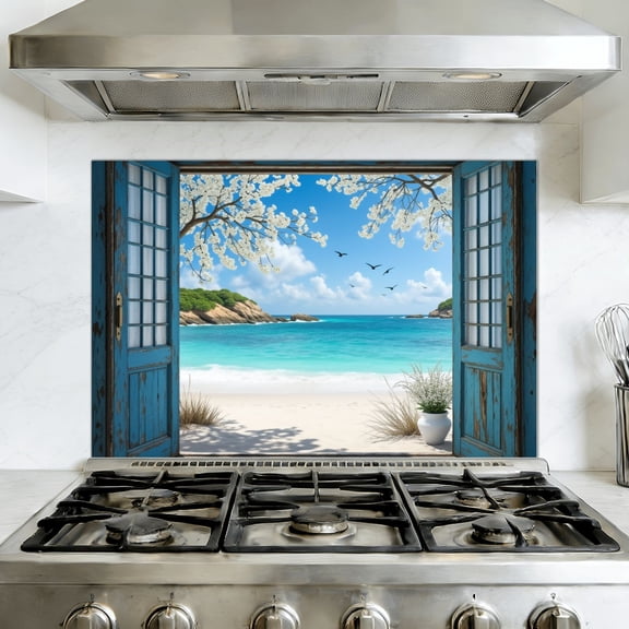 Kitchen Backsplash Peel and Stick Wall Murals Window Beach Blue Coastal Ocean Sea View Seascape Window Open Removable Mural 35.4"W x 23.6"H, Oil Proof Vinyl Wallpaper for Fireplace & Behind Stove