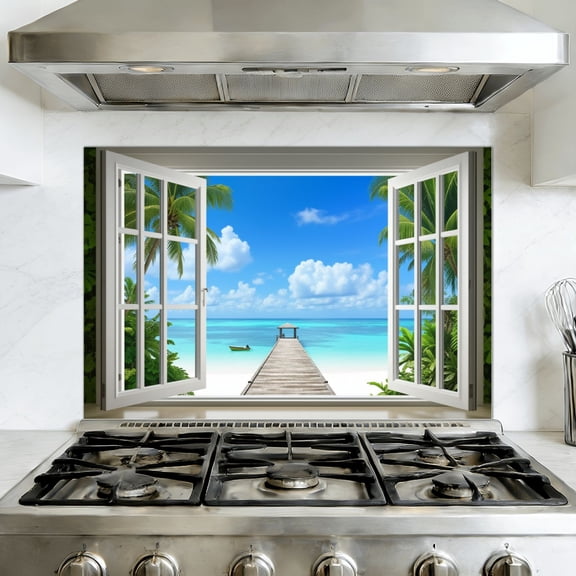 Kitchen Backsplash Peel and Stick Wall Murals Window Beach Blue Ocean Scene Window Frame Wooden Pier Clear Removable Mural 35.4"W x 23.6"H, Oil Proof Vinyl Wallpaper for Fireplace & Behind Stove