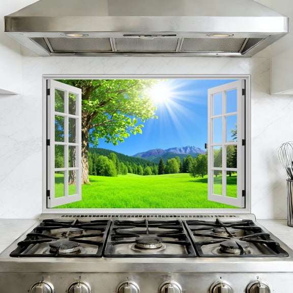 Kitchen Backsplash Peel and Stick Wall Murals Window Frame Sunlight Hill Landscape Tree Open Window Sunlight Removable Mural 35.4"W x 23.6"H, Oil Proof Vinyl Wallpaper for Fireplace & Behind Stove