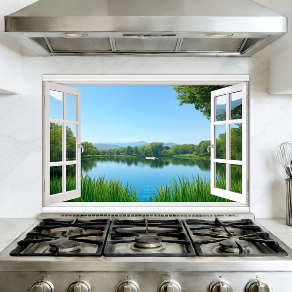 Kitchen Backsplash Peel and Stick Wall Murals Window View Forest Lake Spring Nature Wilderness Removable Mural 35.4"W x 23.6"H, Oil Proof Vinyl Wallpaper for Fireplace & Behind Stove