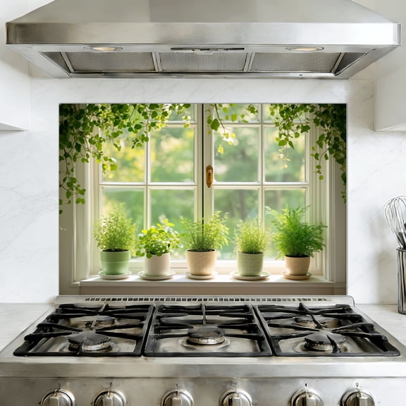 Kitchen Backsplash Peel and Stick Wall Murals Window View Green Plants Vines Indoor Plants Removable Mural 35.4"W x 23.6"H, Oil Proof Vinyl Wallpaper for Fireplace & Behind Stove