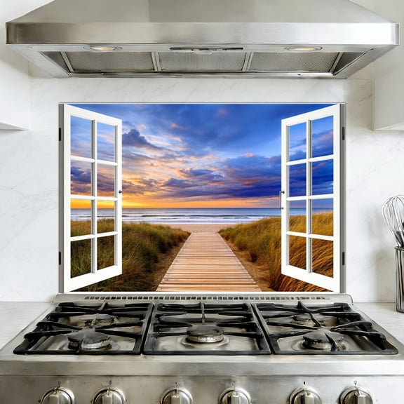 Kitchen Backsplash Peel and Stick Wall Murals Window View Ocean Nature Pier Coast Pathway Beach Removable Mural 35.4"W x 23.6"H, Oil Proof Vinyl Wallpaper for Fireplace & Behind Stove