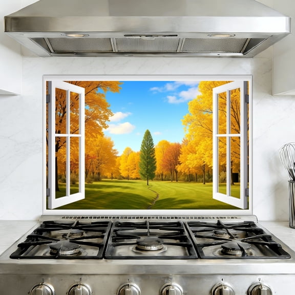 Kitchen Backsplash Peel and Stick Wall Murals Window View Rustic Autumn Fall Tree Forest Field Wilderness Removable Mural 35.4"W x 23.6"H, Oil Proof Vinyl Wallpaper for Fireplace & Behind Stove