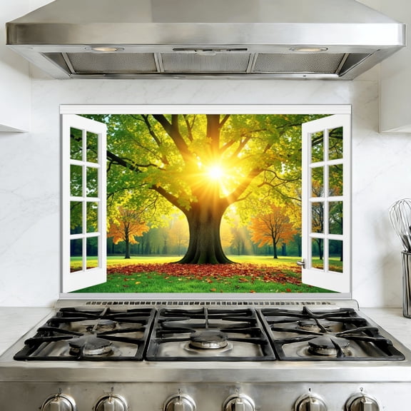 Kitchen Backsplash Peel and Stick Wall Murals Window View Sunlight Trees Nature Wilderness Realism Rustic Removable Mural 35.4"W x 23.6"H, Oil Proof Vinyl Wallpaper for Fireplace & Behind Stove