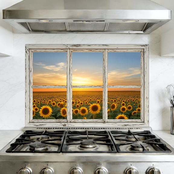 Kitchen Backsplash Peel and Stick Wall Murals Window View Sunset Spring Summer Sunflower Flower Removable Mural 35.4"W x 23.6"H, Oil Proof Vinyl Wallpaper for Fireplace & Behind Stove