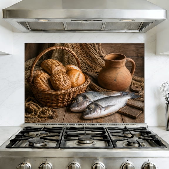 Kitchen Backsplash Peel and Stick Wall Murals Wine jug bread fish Removable Mural 35.4"W x 23.6"H, Oil Proof Vinyl Wallpaper for Fireplace & Behind Stove
