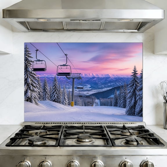 Kitchen Backsplash Peel and Stick Wall Murals Winter mountains panorama ski slopes ski lifts Removable Mural 35.4"W x 23.6"H, Oil Proof Vinyl Wallpaper for Fireplace & Behind Stove