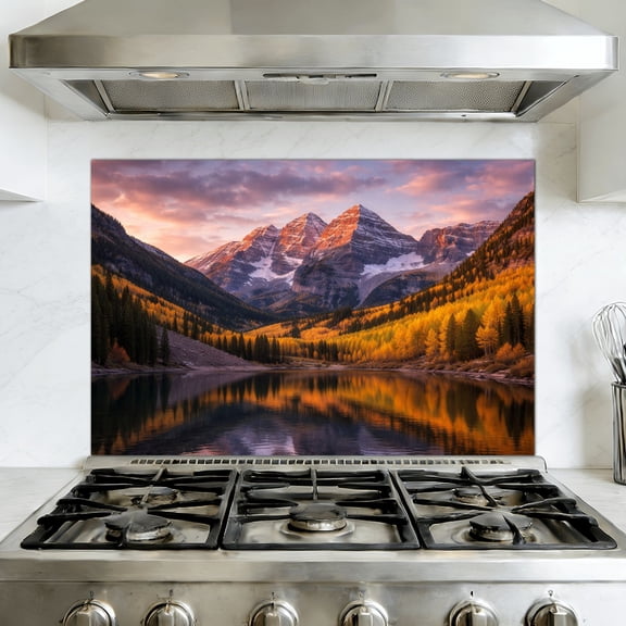 Kitchen Backsplash Peel and Stick Wall Murals autumn colors Maroon Bells Lake Removable Mural 35.4"W x 23.6"H, Oil Proof Vinyl Wallpaper for Fireplace & Behind Stove