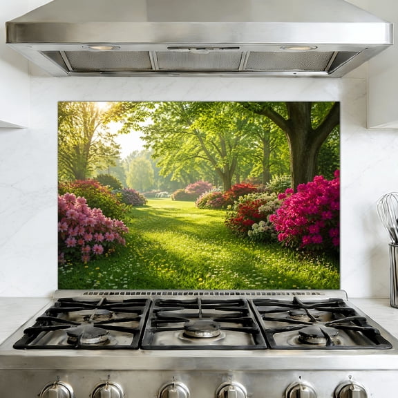 Kitchen Backsplash Peel and Stick Wall Murals bright hazy sunlight azalea daffodil garden Removable Mural 35.4"W x 23.6"H, Oil Proof Vinyl Wallpaper for Fireplace & Behind Stove