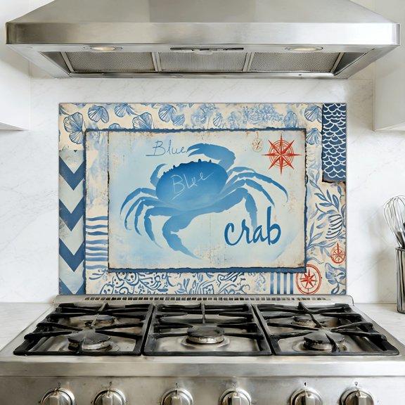 Kitchen Backsplash Peel and Stick Wall Murals retro Sea Blue Crab Vintage Whimsical Removable Mural 35.4"W x 23.6"H, Oil Proof Vinyl Wallpaper for Fireplace & Behind Stove