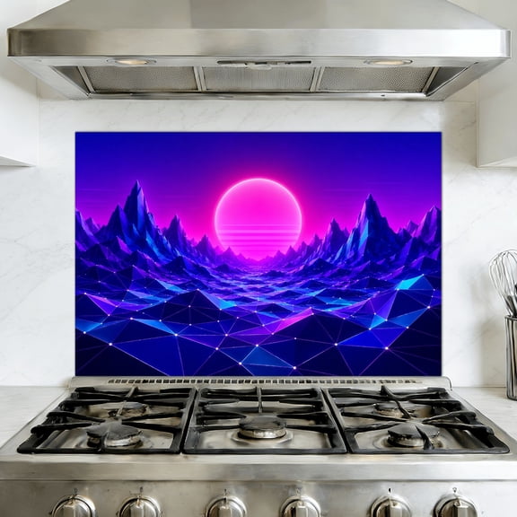 Kitchen Backsplash Peel and Stick Wall Murals retro polygon vaporwave sunset abstract mountains Removable Mural 35.4"W x 23.6"H, Oil Proof Vinyl Wallpaper for Fireplace & Behind Stove