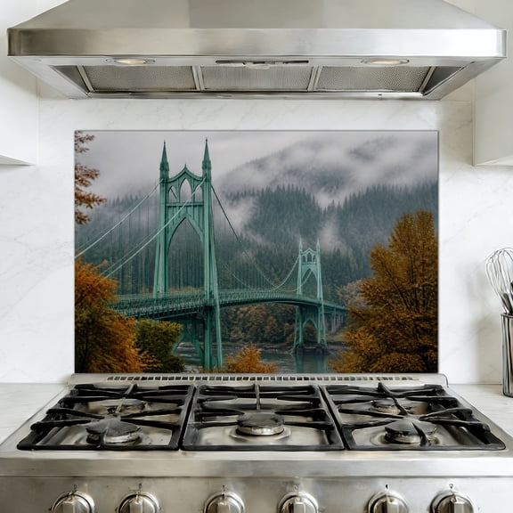 Kitchen Backsplash Peel and Stick Wall Murals s bridge portland oregon misty citys Removable Mural 35.4"W x 23.6"H, Oil Proof Vinyl Wallpaper for Fireplace & Behind Stove