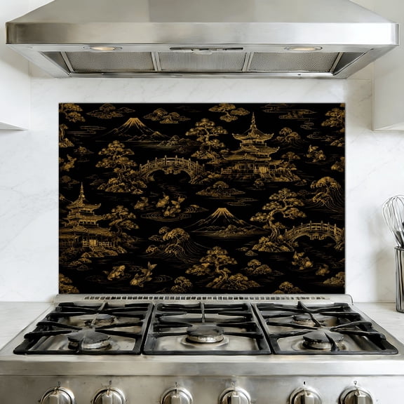 Kitchen Backsplash Peel and Stick Wall Murals temple building view blidge fish garden japanese chinese Removable Mural 35.4"W x 23.6"H, Oil Proof Vinyl Wallpaper for Fireplace & Behind Stove