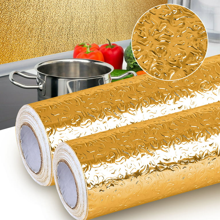 15.6 inchx196 inch Gold Contact Paper Peel and Stick Wallpaper Kitchen Backsplash Water/Oil Proof Wallpaper Self Adhesive Aluminum Foil Contact Paper