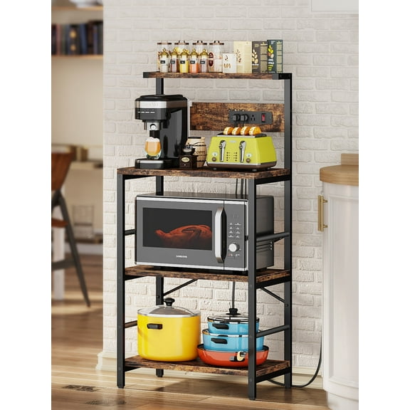Kitchen Baker's Rack, 4-Tier Coffee Station with Power Outlets, Bug Hull Industrial Microwave Stand, Kitchen Storage Shelf, Coffee Bar Station, Rustic Brown