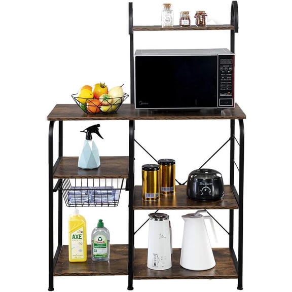 Kitchen Baker's Rack,4-Tier Vintage Kitchen Baker's Rack Utility Storage Shelf Microwave Stand Shelf for Spice Rack Organizer Workstation with 10 Hooks