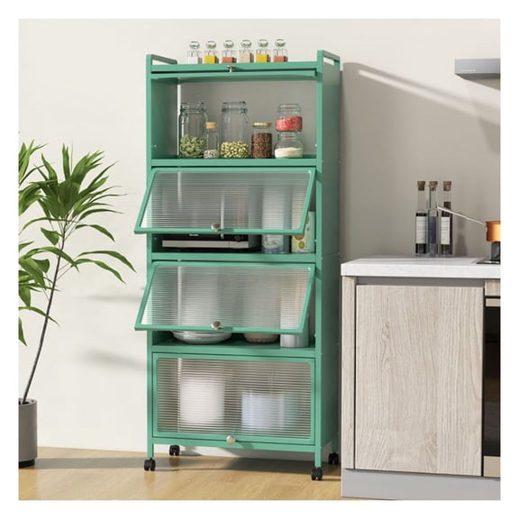 Kitchen Baker's Rack 5 Tier with Flip Doors, Rolling Microwave Cart Storage, Metal Frame, 165 lbs Capacity - Green/Gray