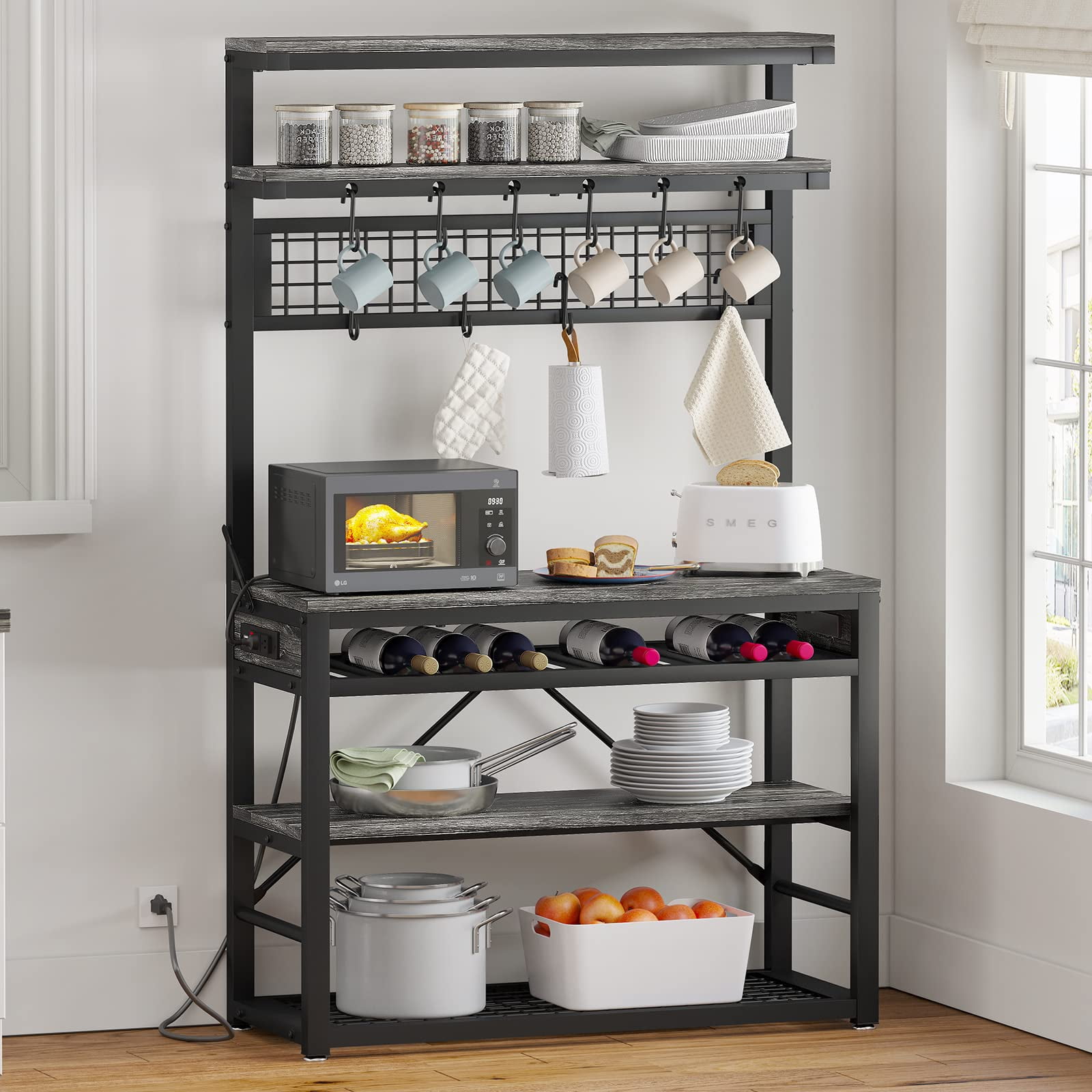 Kitchen Baker s Rack 6 Tier Utility Storage Shelf with Power Outlet and LED Lights Grey Finish