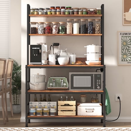 Kitchen Baker’s Rack with Power Outlet, 5-Tier Free Standing Storage Shelf Rack with Hooks, Kitchen Shelves with Storage,Industrial Microwave Stand Shelf for Dining Room,Coffee Bar for Spaces