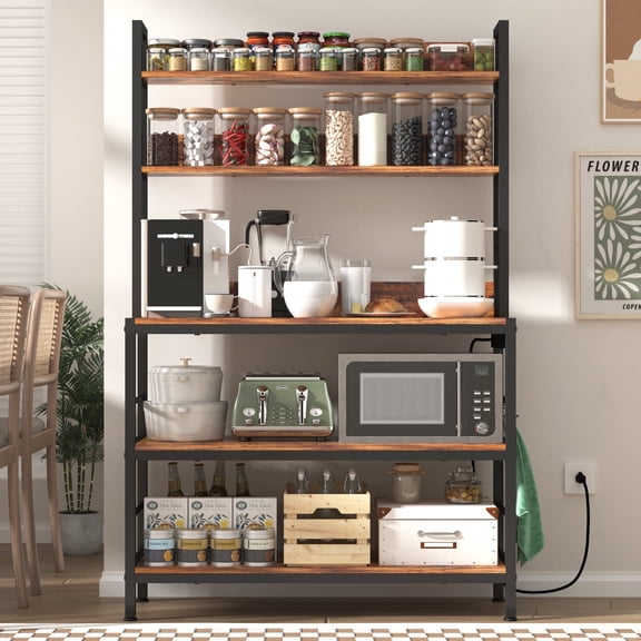 Kitchen Baker’s Rack with Power Outlet, 5-Tier Free Standing Storage Shelf Rack with Hooks, Kitchen Shelves with Storage,Industrial Microwave Stand Shelf for Dining Room,Coffee Bar for Spaces