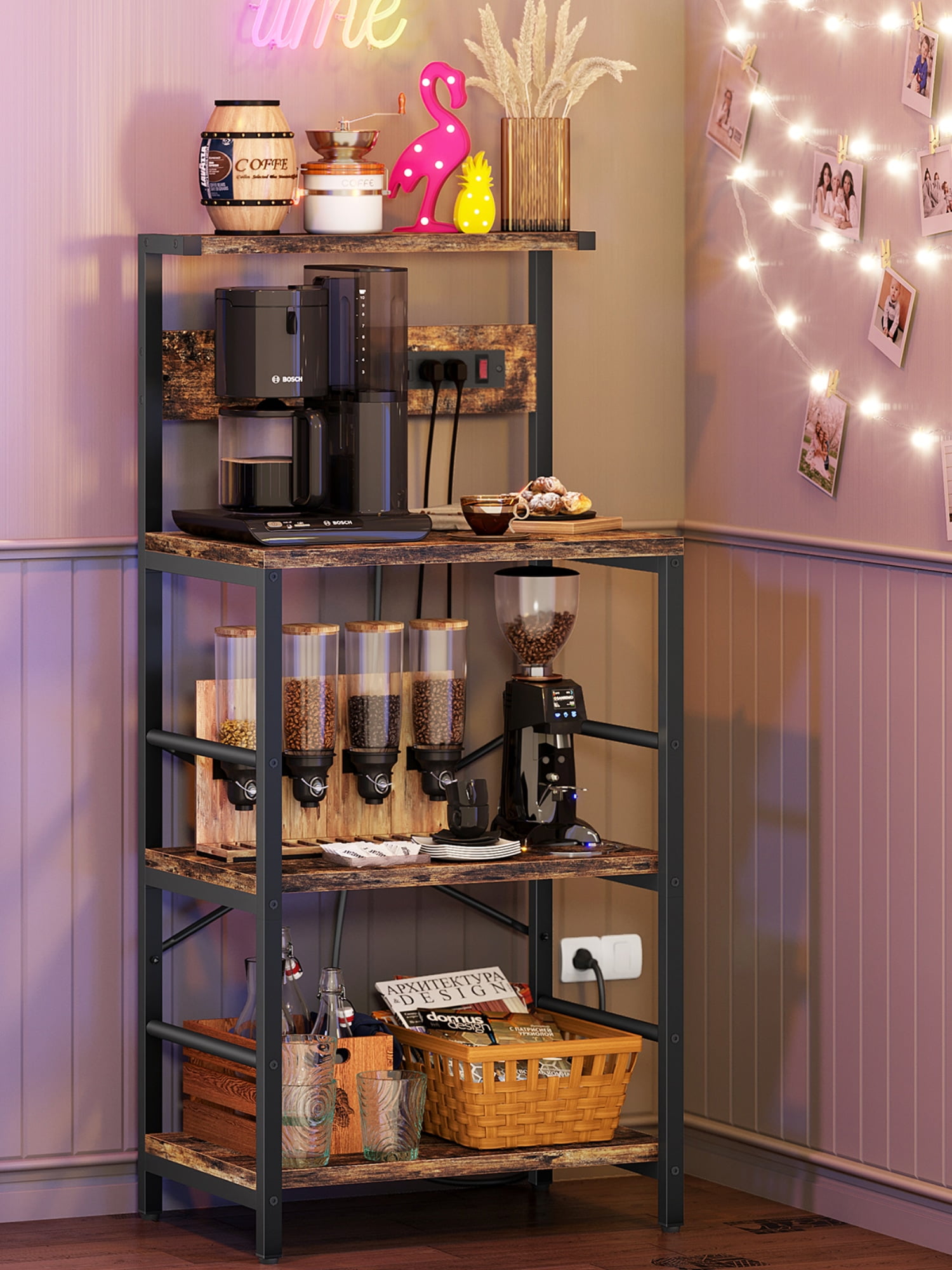 Kitchen Baker's Rack with Power Outlet, Bug Hull 4Tier Industrial