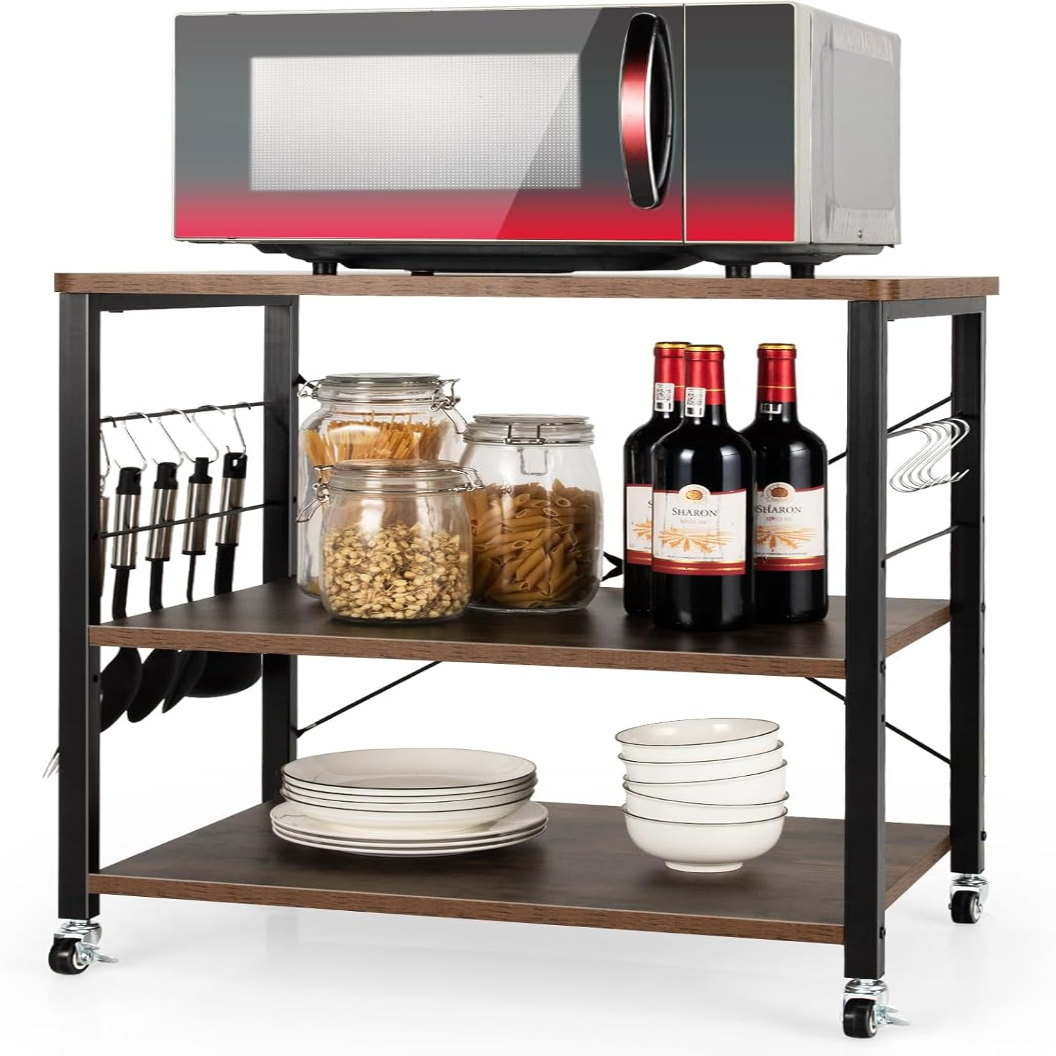 Giantex 3-Tier Rolling Kitchen Cart With Lockable Wheels - Microwave Stand, Storage Shelves, Vintage Brown