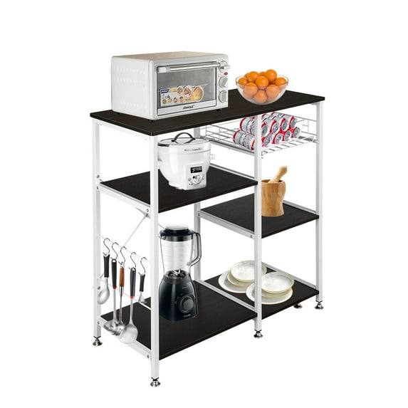 Kitchen Bakers Rack with 5 Hooks, SUREGO Microwave Stand, Coffee Bar Station, Industrial Storage Shelf with Wire Basket, Adjustable Feet, Sturdy Metal Frame for Kitchen, Pantry, Living Room