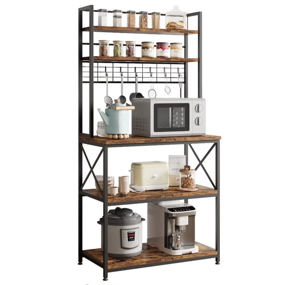 Kitchen Bakers Rack, 5-Tier Microwave Oven Stand with Large Storage Shelf and 6 Hooks for Spice, Pots Organizer, Rustic Brown