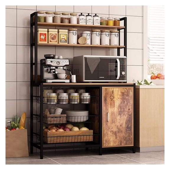 Kitchen Bakers Rack with Baskets and Door,Industrial Microwave Oven Stand,Utility Storage Shelf,Free Standing Kitchen Utility Cart Storage Shelf Organizer with