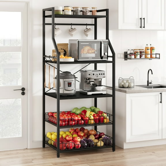 Kitchen Bakers Rack, Microwave Oven Stand with 2 Large Wire Basket, Industrial Coffee Bar Station with Large Open Storage Shelves, 5-Tier Kitchen Utility Storage Shelf with 8 Hooks