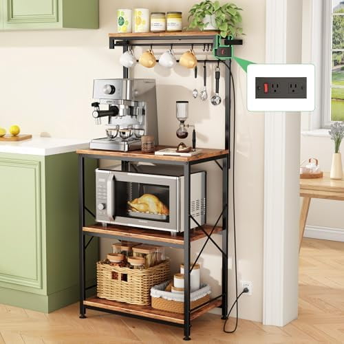 Kitchen Bakers with Power Outlet 10 Hooks, 4 Tiers Coffee Bar Station Cabinet, Microwave Stand with Storage (Rustic Brown, 21.7 x 14.2 x 49.6 Inch)$$Home Decor, Kitchen, & Other