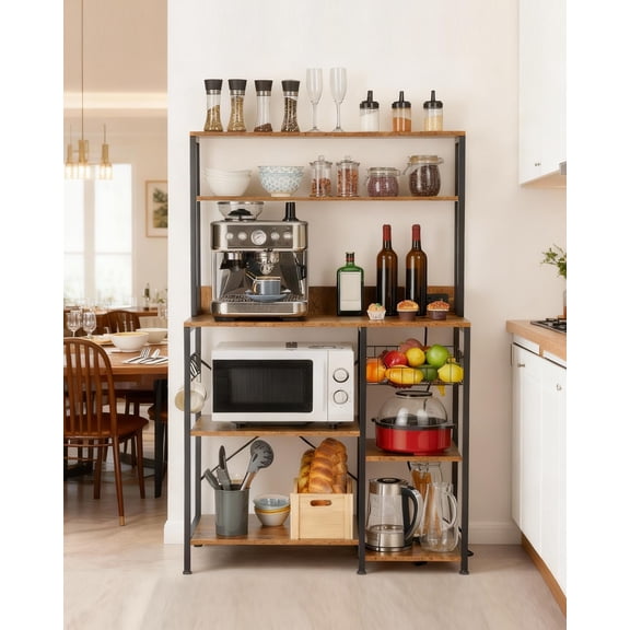 Kitchen Bakers Rack with Power Outlet – 35x60 Inch Microwave Stand with 4 Tiers, Coffee Bar Table with 5 S Hooks, Rustic Brown Kitchen Storage Shelf for Spices & Pots