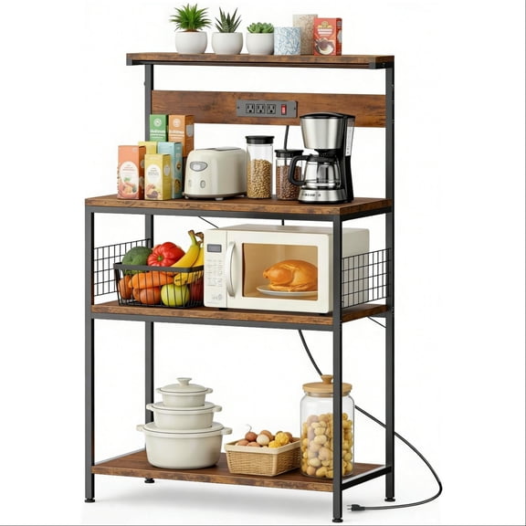 Kitchen Bakers Rack with Power Outlet, 4-Tier Coffee Bar and Microwave Stand, 31.5 Inch Adjustable Storage Shelves for Spices, Freestanding Appliance Organizer, Rustic Brown