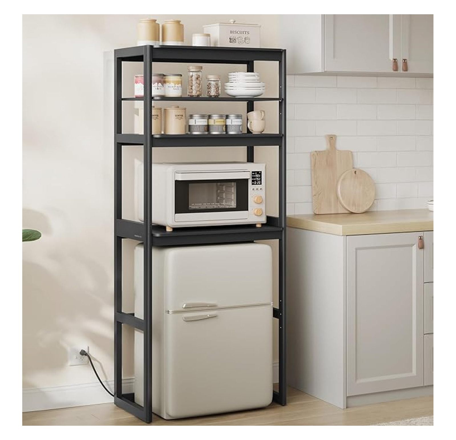 Kitchen Bakers Rack with Power Outlet, 4-Tier Coffee Bar Table with Adjustable Shelf, Mini Fridge Shelf, Microwave Stand, 15.7 x 23.6 x 66.9 Inches, Black UKKS043B01