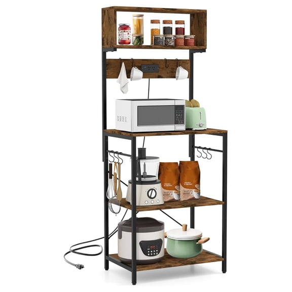 Kitchen Bakers Rack with Power Outlet, 5-Tier Coffee Bar Cabinet Microwave Stand with 10 S , Organizers and Storage for Kitchen, Living Room, Balcony & Office